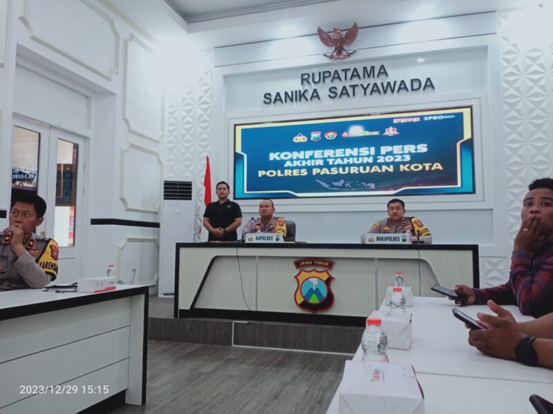 Caption. Kapolres Pasuruan Kota AKBP Makung Ismoyo Jati didampingi Wakapolres saat konferensi pers 
