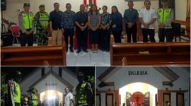 Foto : Anggota Polsek Jabunggelar pengamanan di gereja Eklesia Brigif 18 Jabung.