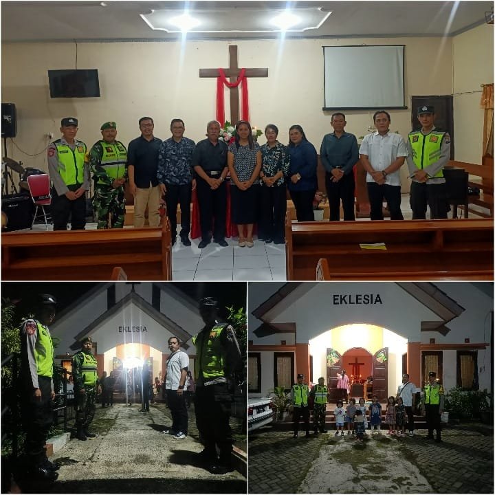 Foto : Anggota Polsek Jabunggelar pengamanan di gereja Eklesia Brigif 18 Jabung.