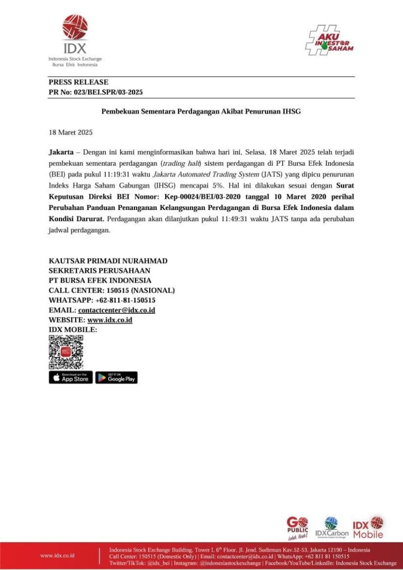 Keterangan Edarann Press release IDX terkait pembekuan sementara perdagangan di BEI
