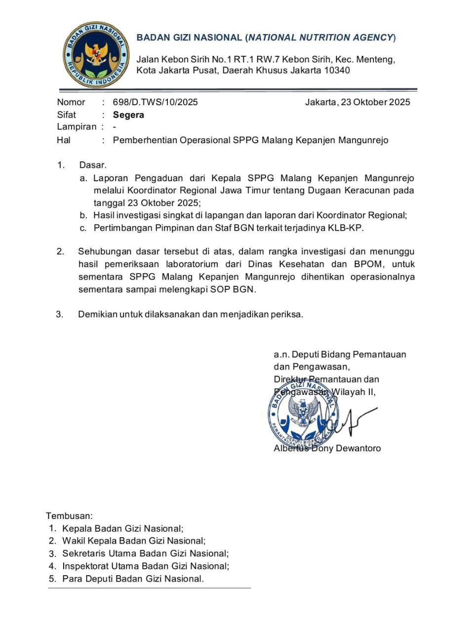 BGN Hentikan Sementara Operasional SPPG Malang Mangunrejo, Imbas Dugaan Keracunan di MTs Al Khalifah Kepanjen IMAGE 2025-10-24 15:51:02