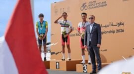 Ket foto. Pembalap asal Universitas Insan Budi Utomo (UIBU), Muhammad Syelhan Nurrahmat, sukses meraih medali emas dan mengamankan gelar juara pada ajang bergengsi Asian Road Cycling Championship 2026 yang berlangsung di Al-Qassim, Arab Saudi,