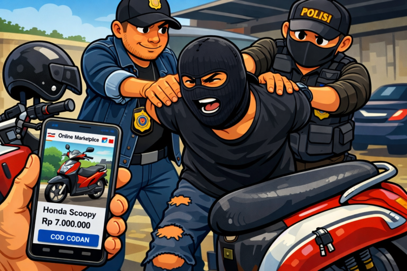 Ket foto. Gambar karikatur pencurian Kendaraan bermotor yang diringkus aparat Kepolisian 