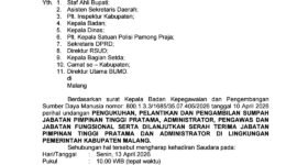 Ket foto. Surat Edaran dari Asisten Administrasi Umum Sekretariat Daerah kabupaten Malang tentang pelantikan JPT Pratama 