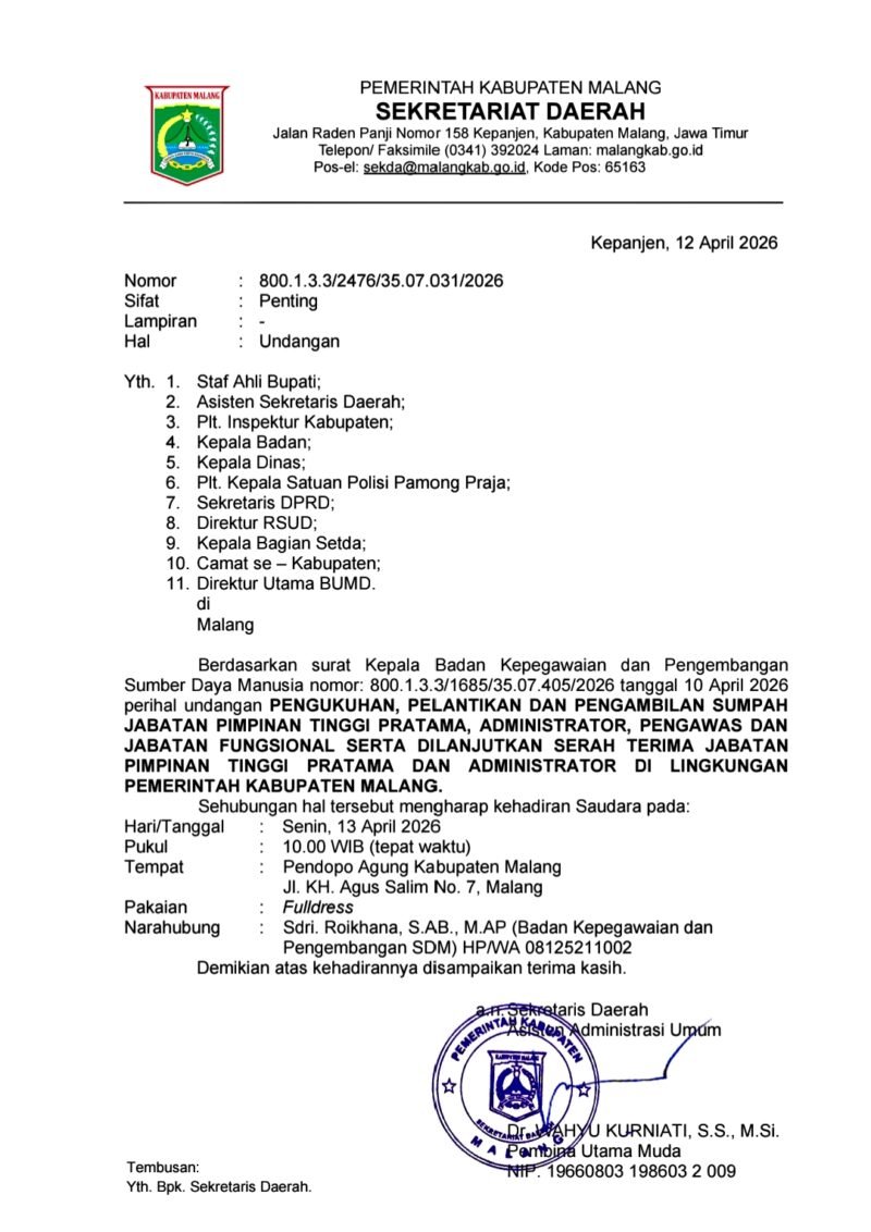 Ket foto. Surat Edaran dari Asisten Administrasi Umum Sekretariat Daerah kabupaten Malang tentang pelantikan JPT Pratama 